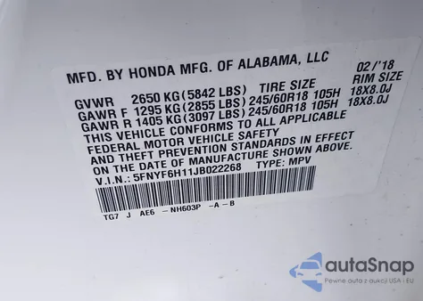 2018 Honda Pilot Lx z USA, uszkodzony, nr VIN 5FNYF6H11JB022268